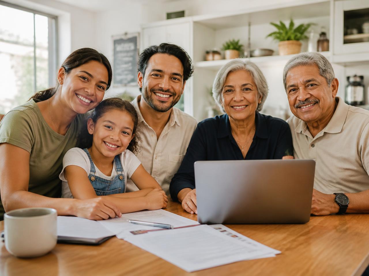 A family sitting together at a kitchen table reviewing immigration paperwork on a laptop